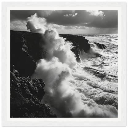 Dramatic ocean waves crash on cliffs in Ocean’s Rhapsody Reflections art piece