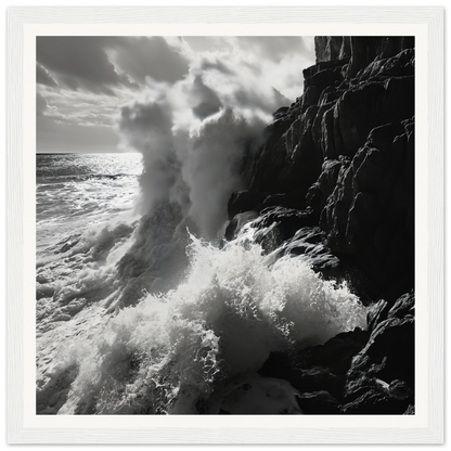 Powerful ocean waves crash against dark cliffs in Ocean’s Unyielding Fury art print