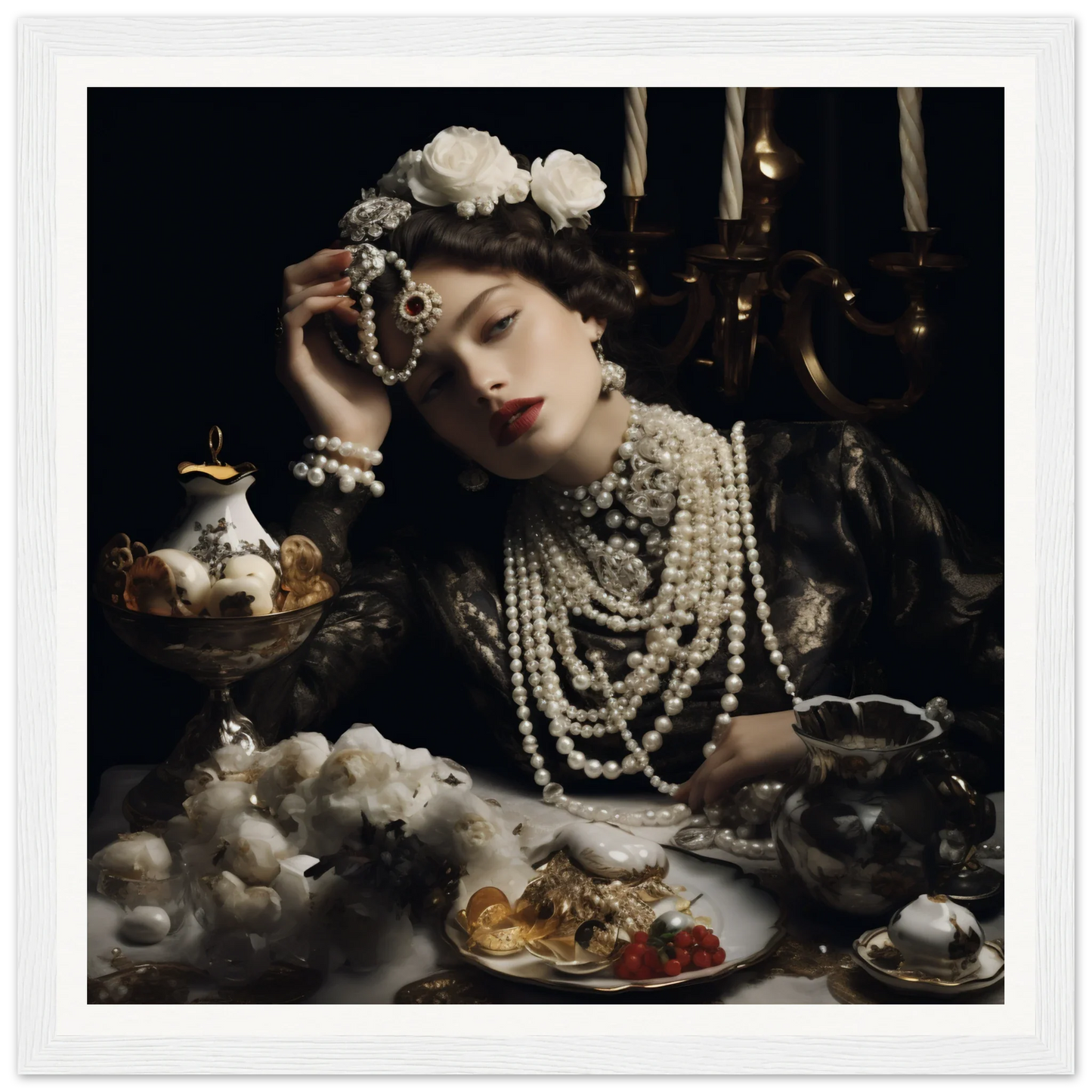 Vintage portrait of Opulence’s Quiet Soul with pearl necklaces and elegant tea party vibes