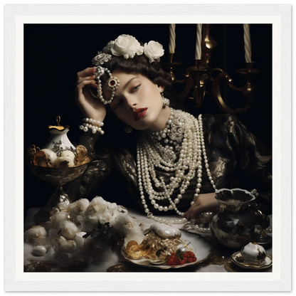 Vintage portrait of Opulence’s Quiet Soul with pearl necklaces and elegant tea party vibes