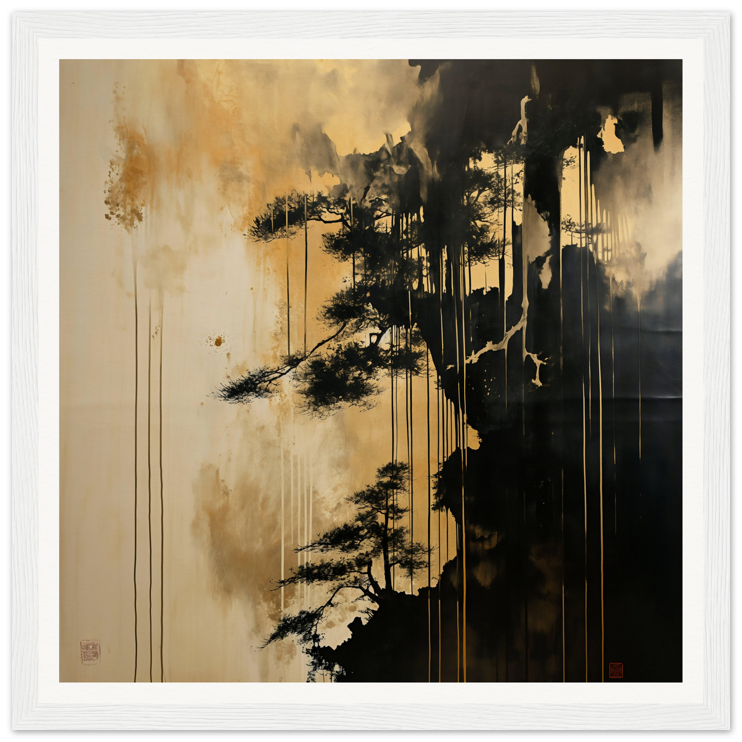 Dark silhouette of a pine tree with paint drips in Pine Fog Reverie art print