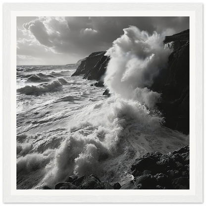 Powerful ocean waves crashing on cliffs in Primal Ocean Symphony framed masterpiece