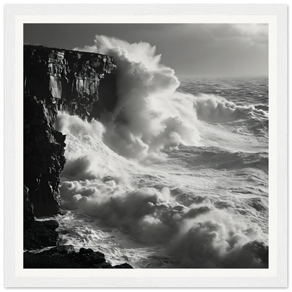 Powerful ocean waves crash on rocky cliffs in Relentless Ocean’s Ballet framed poster