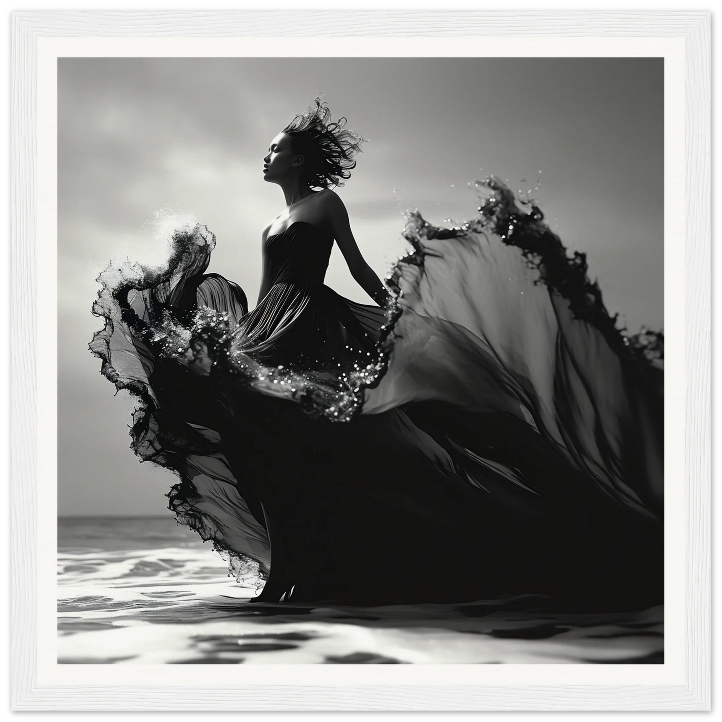 Silhouetted dancer in a black dress symbolizes Sea Elegance Ascends art piece