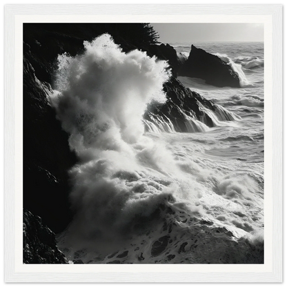 Powerful ocean waves crash on rocky cliffs in Seas Slaps Struzgwžues framed art