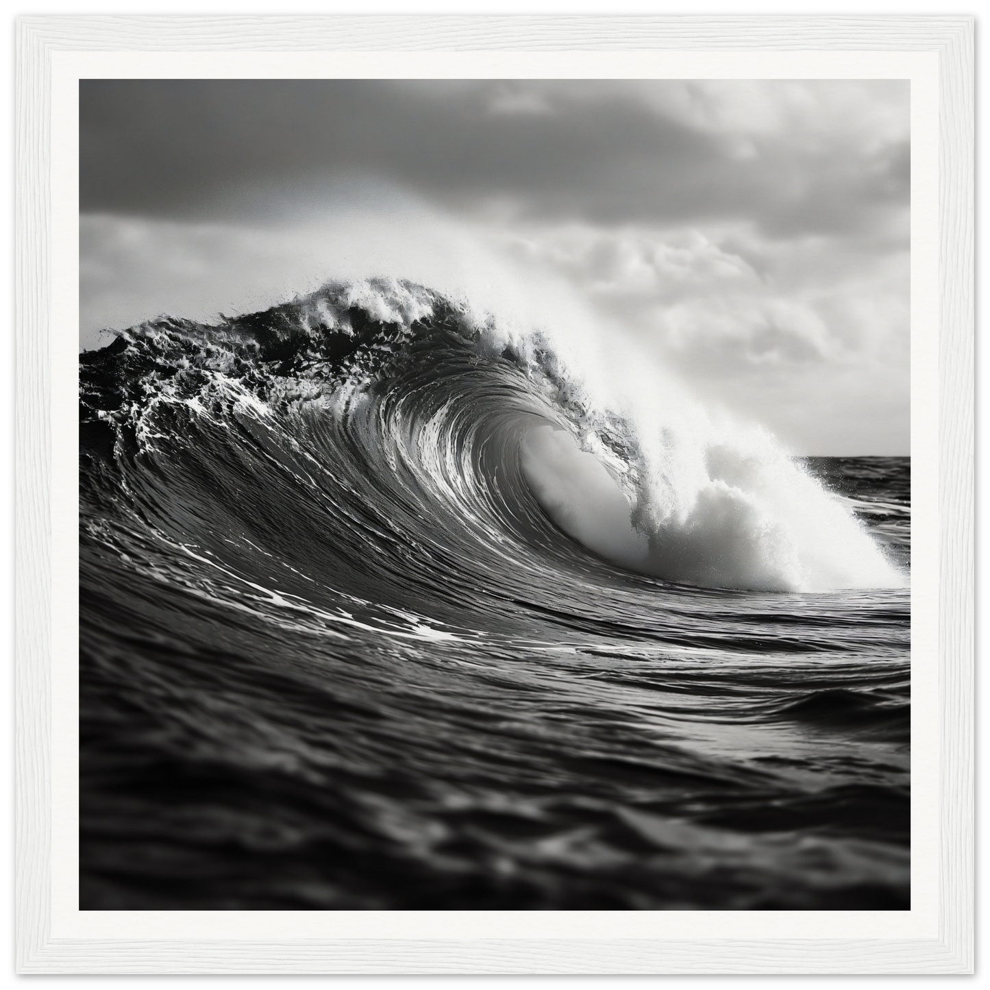 Powerful ocean wave curling in a barrel shape from Sea’s Thunderous Elegy framed poster