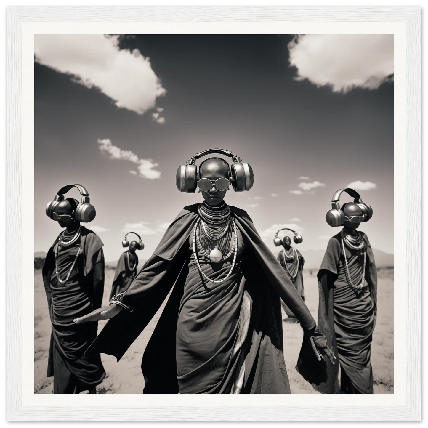 Five figures in traditional African robes and modern headphones for Serengeti Space Odyssey