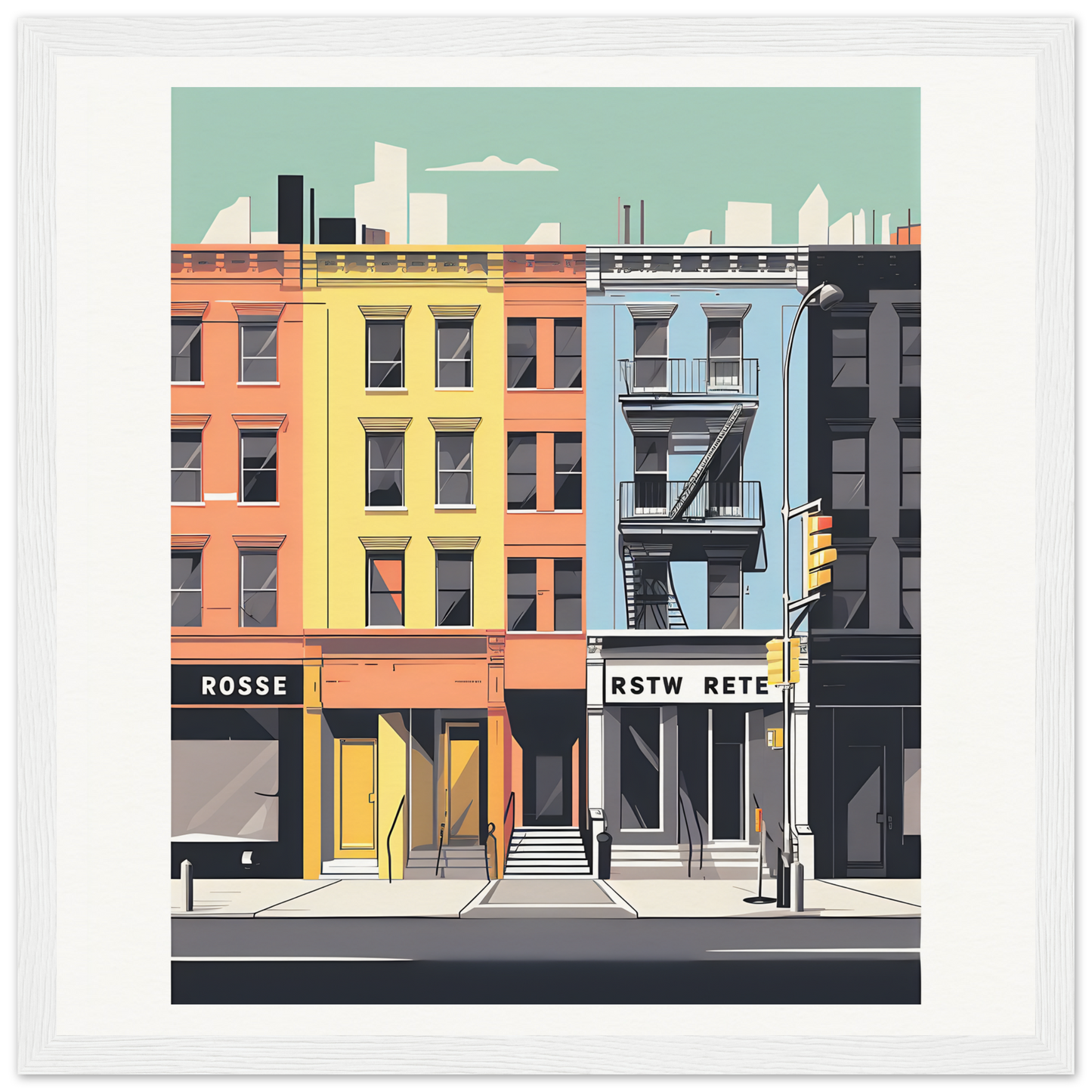 Colorful urban apartment buildings with storefronts in Sidewalk Dreams Aligning art™