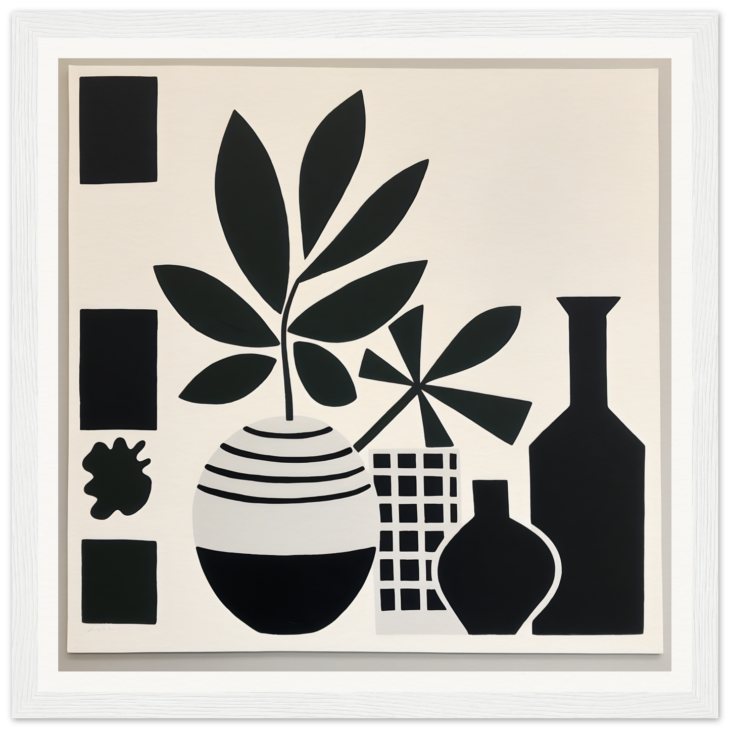 Black and white silhouette of potted plants, Soma Sonata Sleek minimalist framed art