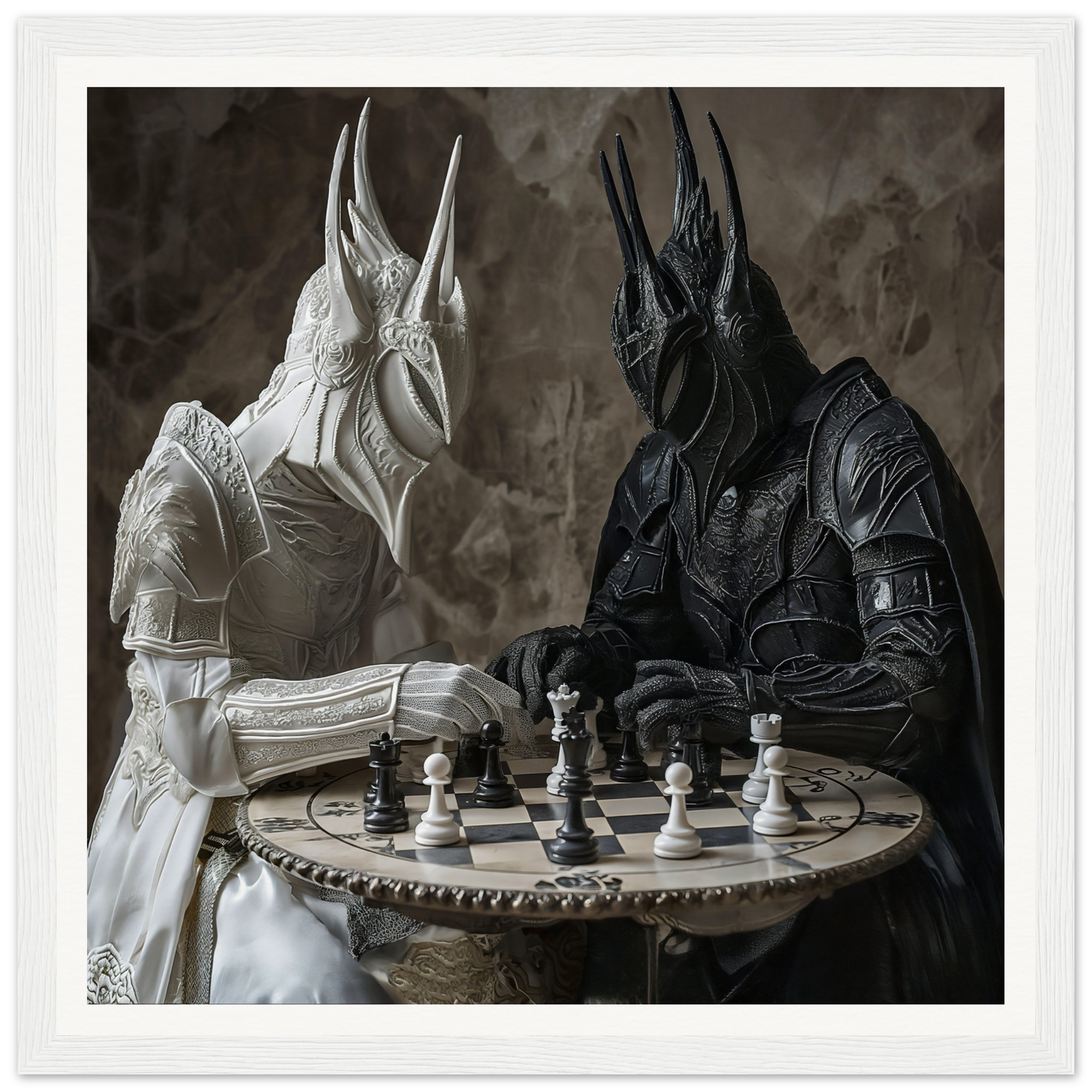 Two armored figures in helmets play chess at a table, featured in Strategic Armor Delusion