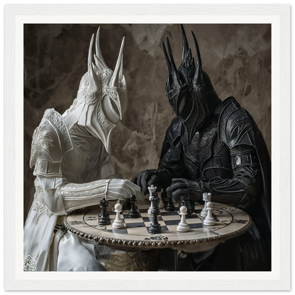 Two armored figures in helmets play chess at a table, featured in Strategic Armor Delusion