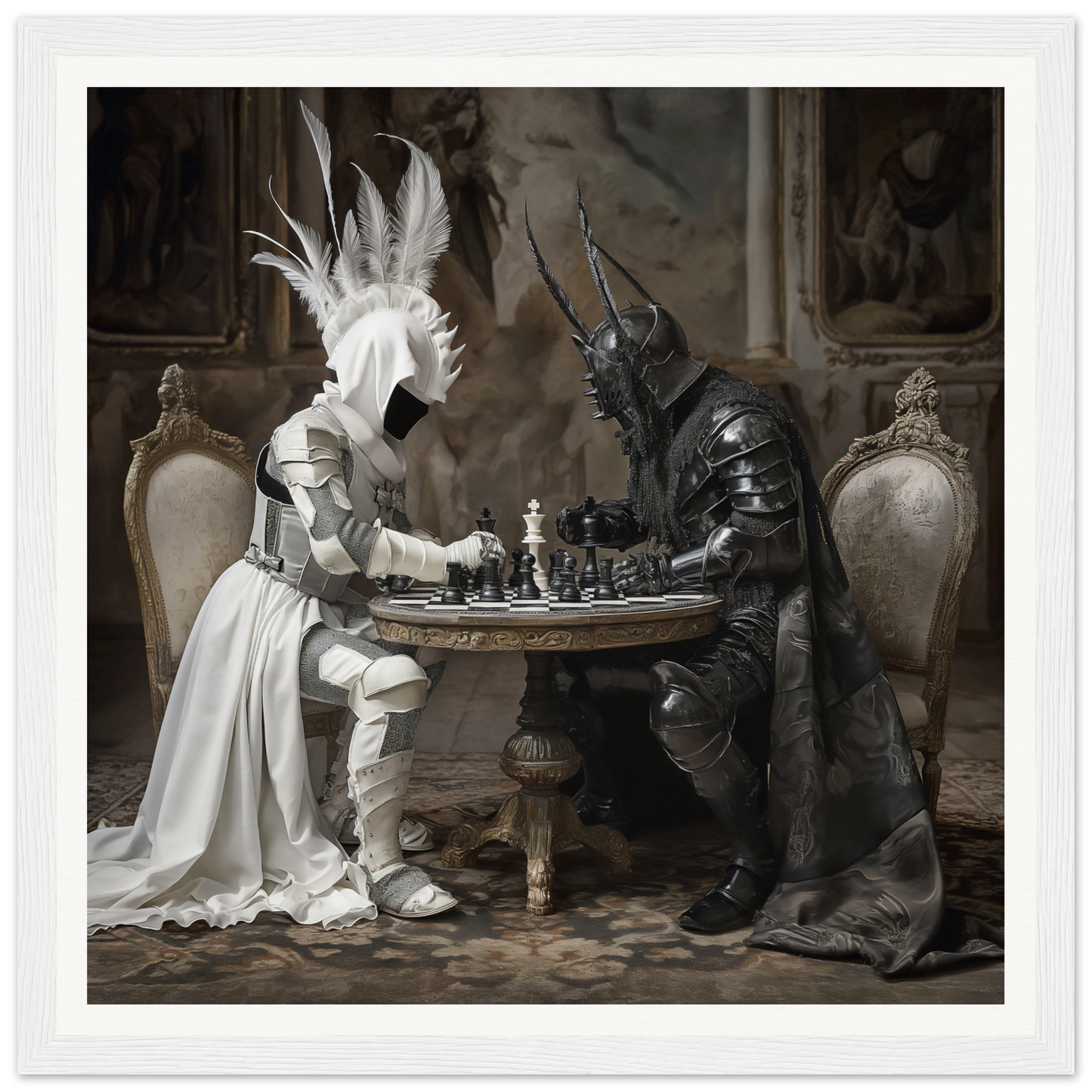 Two armored figures playing chess at a table in Strategic Enigma Echoes framed poster