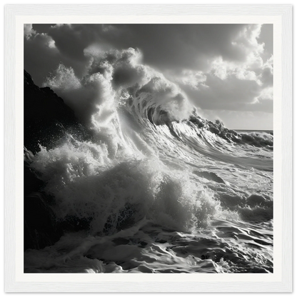 Powerful black and white ocean wave crashing in Sublime Crest Odyssey framed wall art