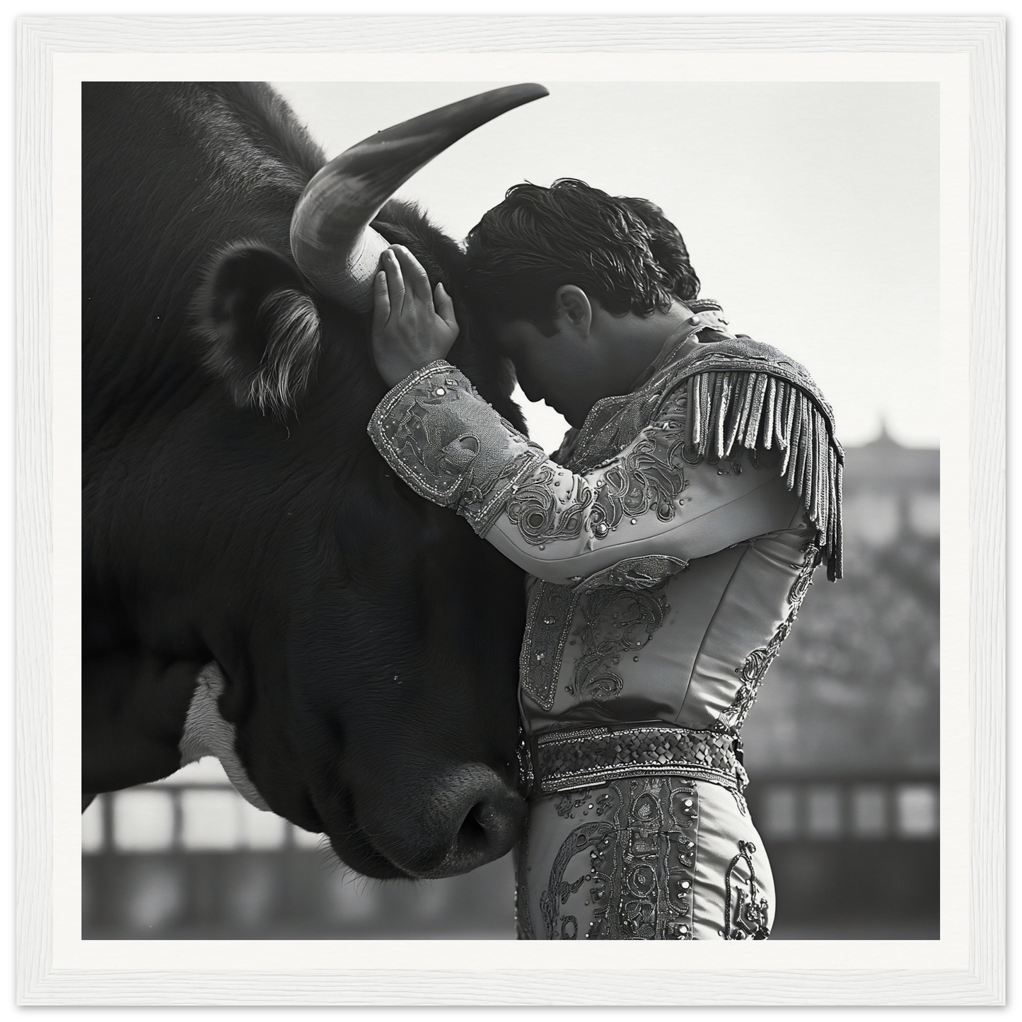 Matador in ornate suit sharing a moment with bull in Sul T Toreador’s Reverie art