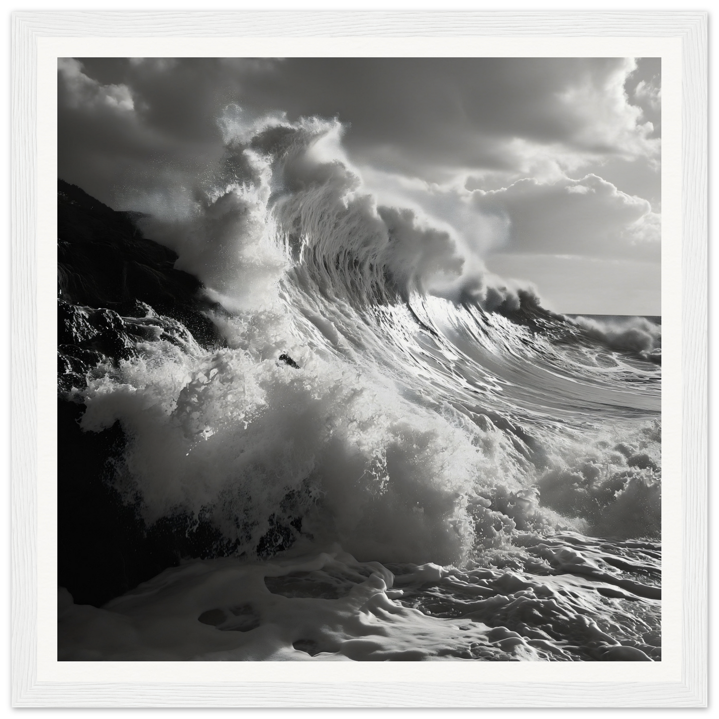 Tempestuous Dance Tribute art of a crashing ocean wave in black and white for framed posters