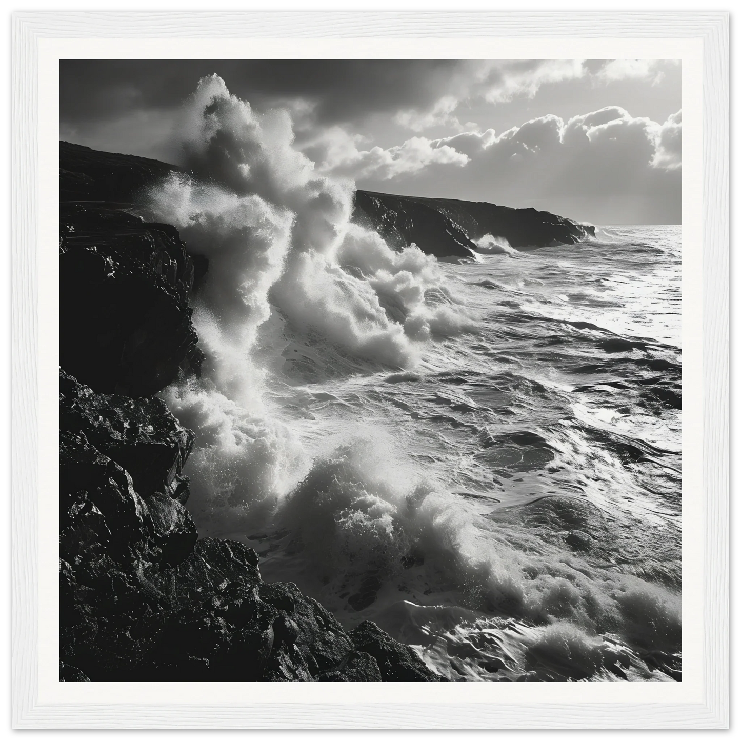 Dramatic ocean waves crash against cliffs in Tide’s Tumult Saga premium framed art