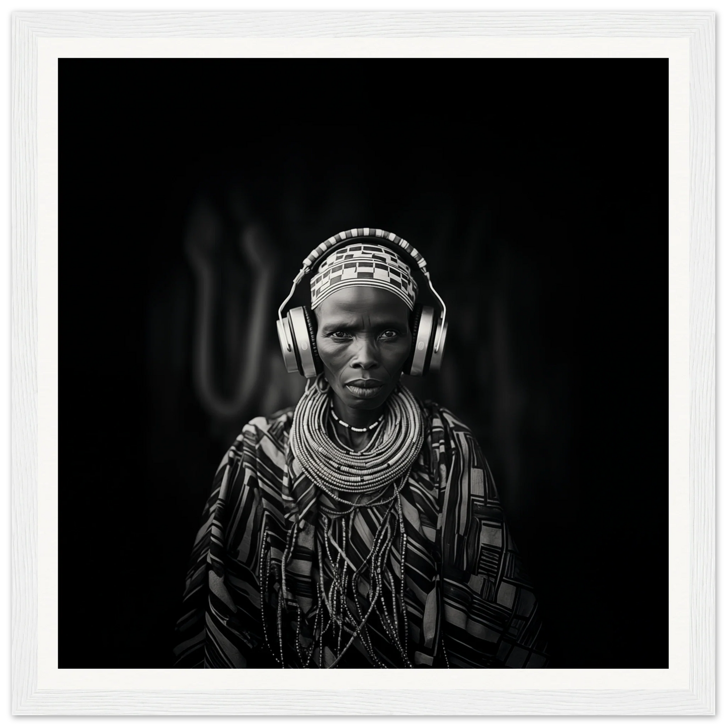 Person in traditional African attire with modern headphones for Tribal Why-Fi special edition art™