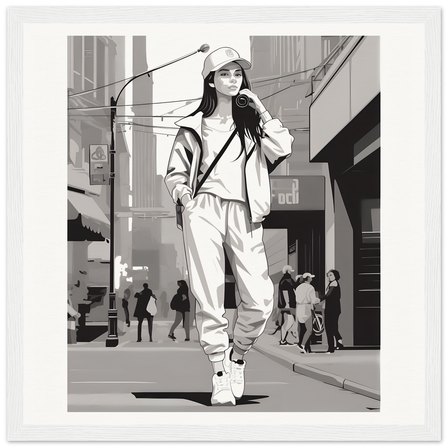 Black and white illustration of casual streetwear in Urban Dreamwalk Vogue special edition art™