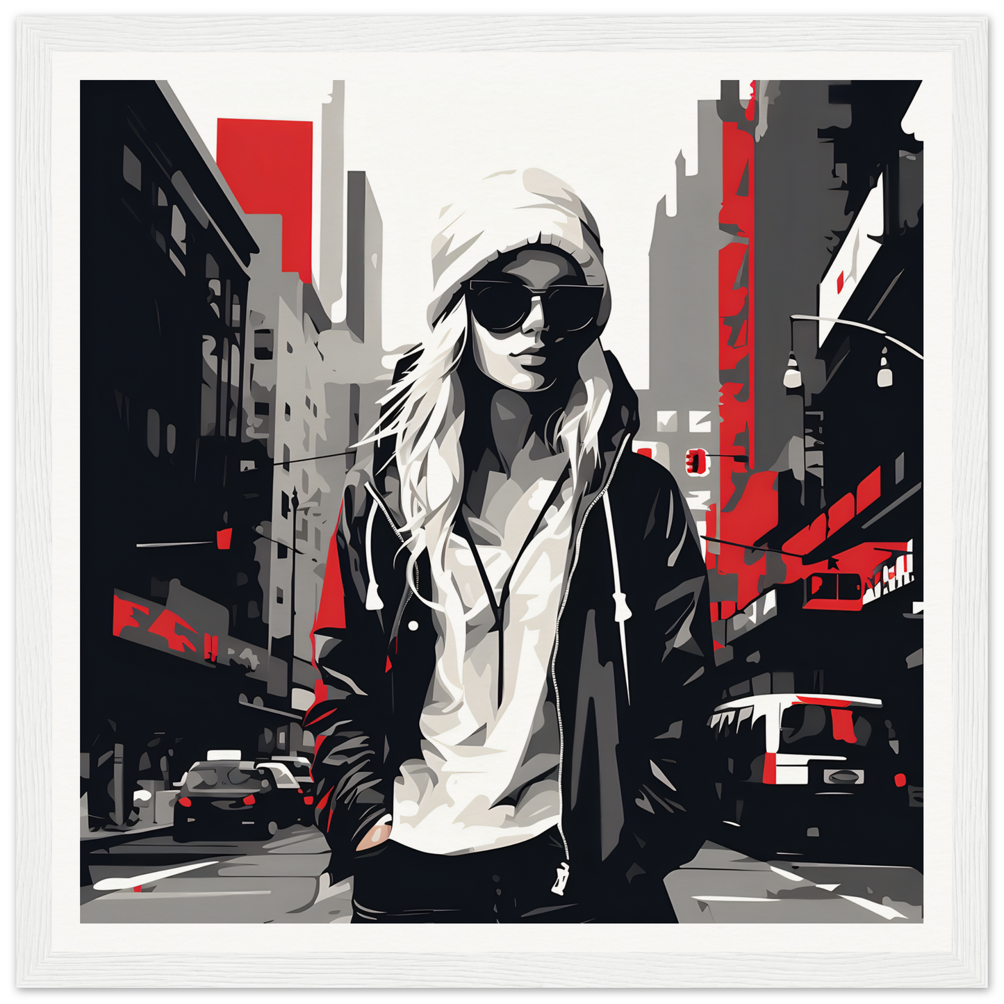 Stylized black and white art of a cool person in Urban Spirit Redux framed poster