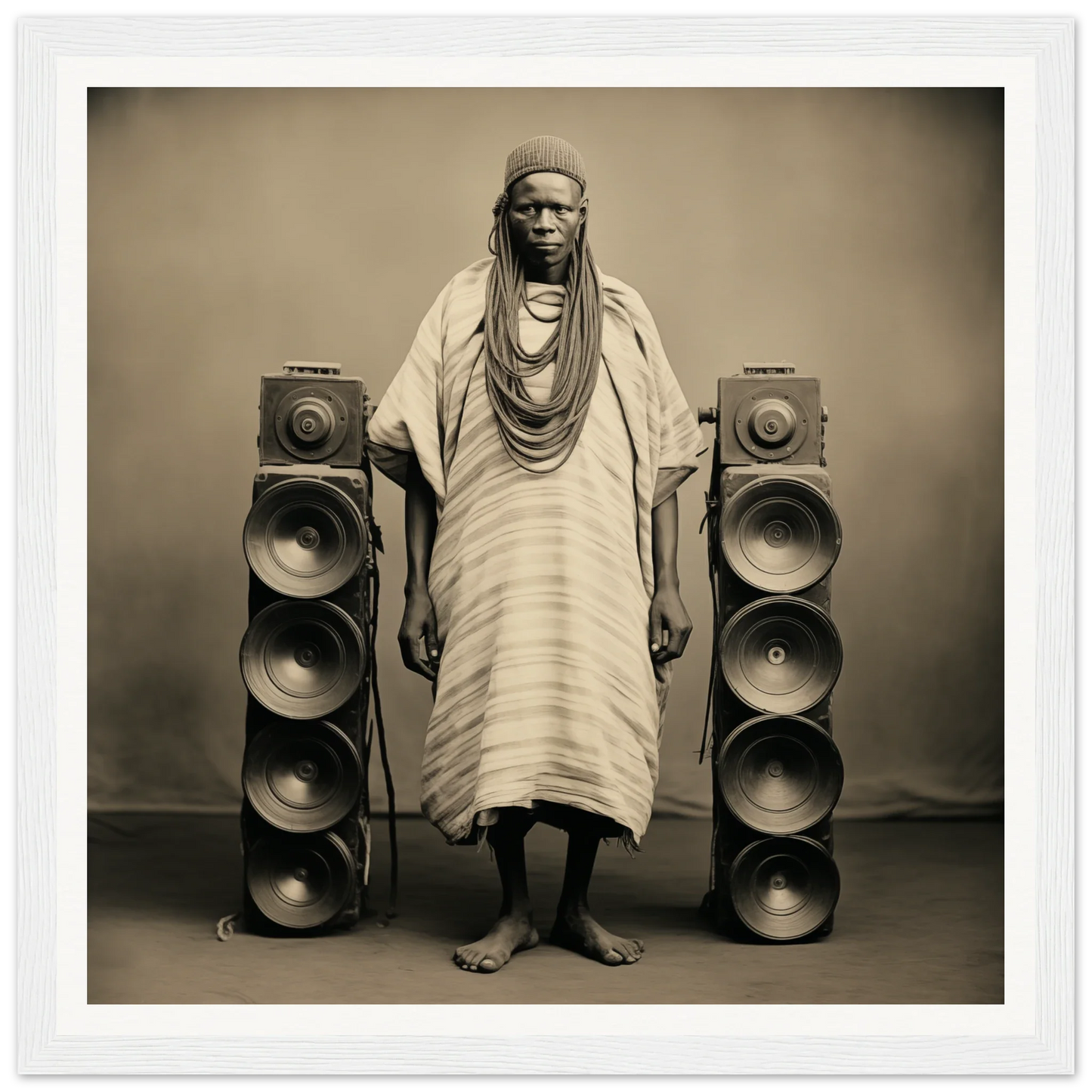 Person in traditional African robes among speakers in Voices Amid Pixels framed wall art