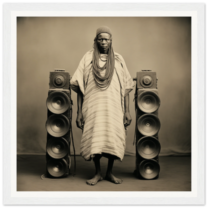 Person in traditional African robes among speakers in Voices Amid Pixels framed wall art