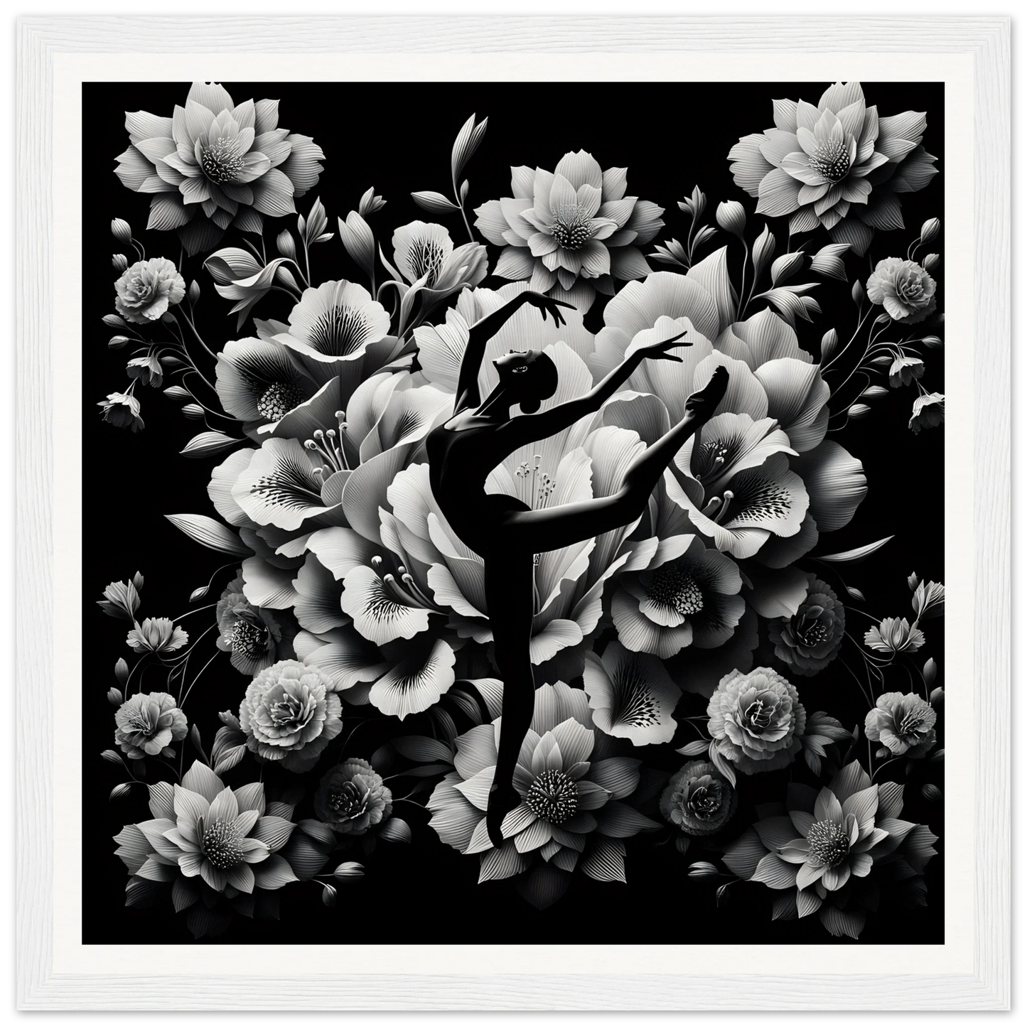 Silhouette of a ballet dancer in arabesque with flowers for Waltzing Bloom Synthesis framed poster