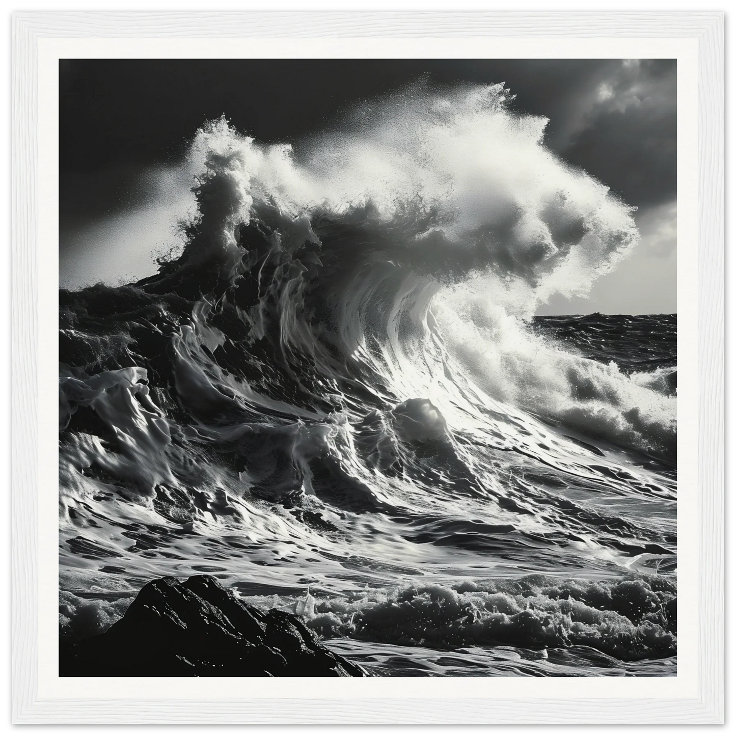 Ocean wave crashing on rocks in Wave’s Fury Howl framed wall art special edition art™