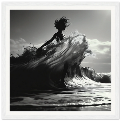 Silhouetted figure surfing on a wave in Waves of Fusion special edition art™