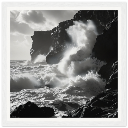 Dramatic ocean waves crashing on cliffs in Waves Wild Gambit framed wall art