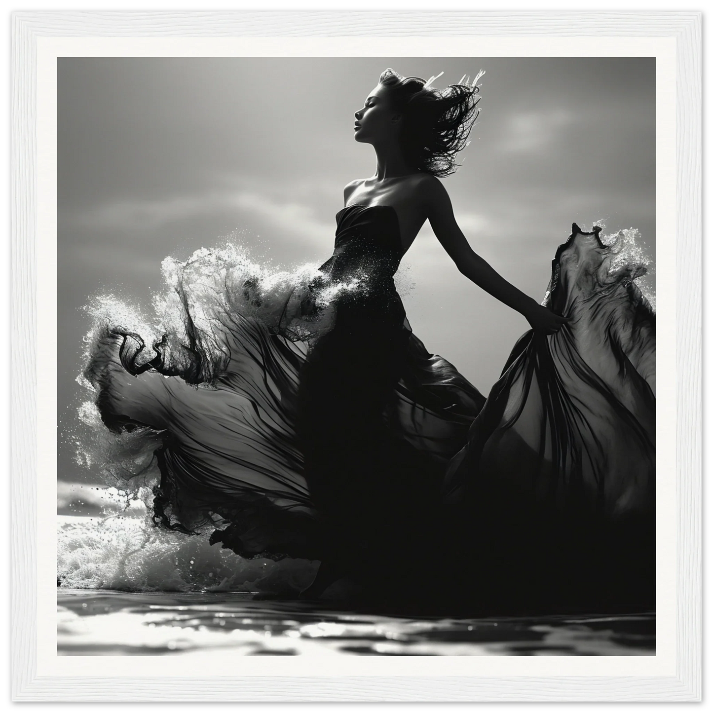 Silhouetted figure in flowing black dress dances in Wavewoven Elegance Manifestation