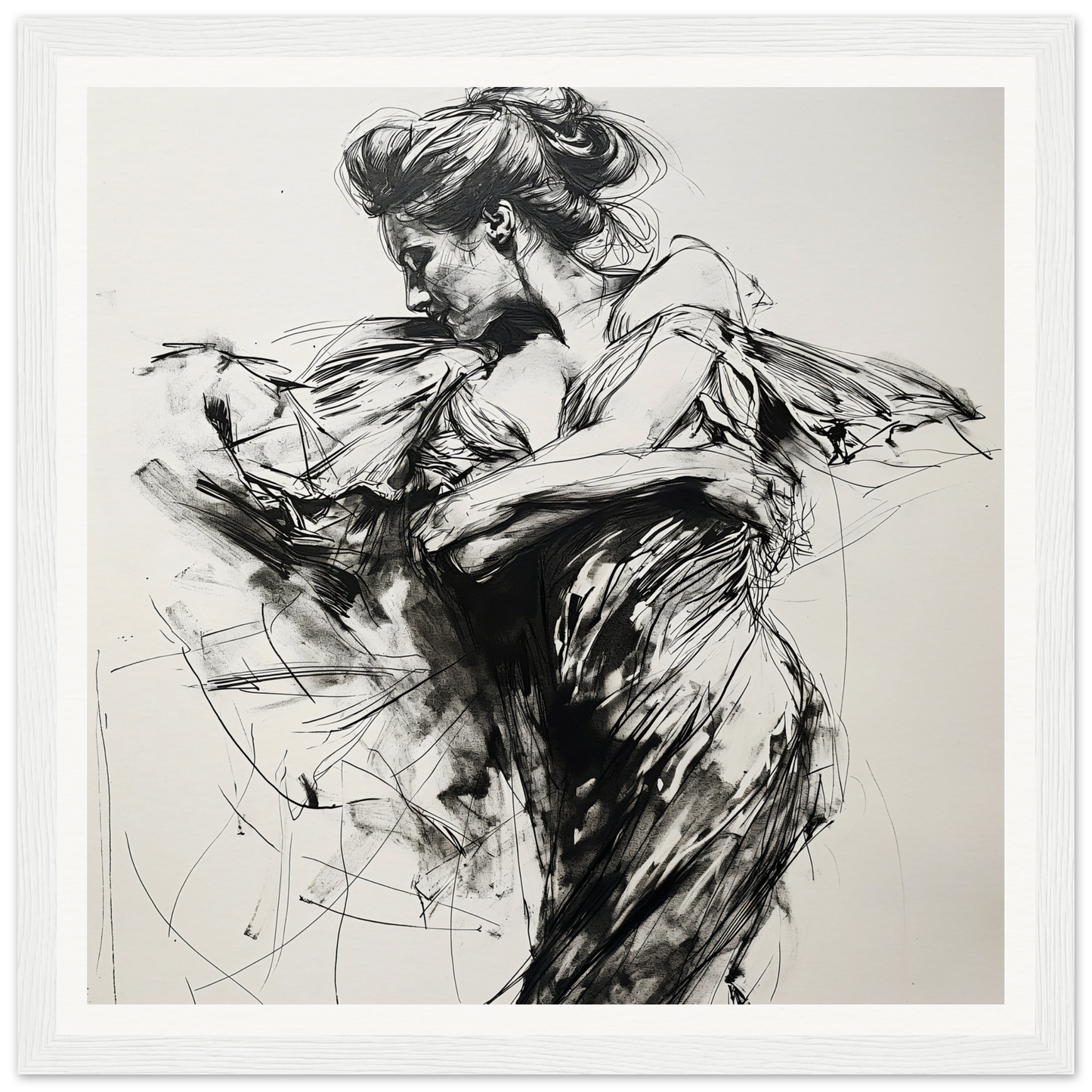 Dynamic black and white dancer sketch for Whispering Solar Solitude framed poster