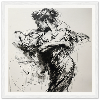 Dynamic black and white dancer sketch for Whispering Solar Solitude framed poster