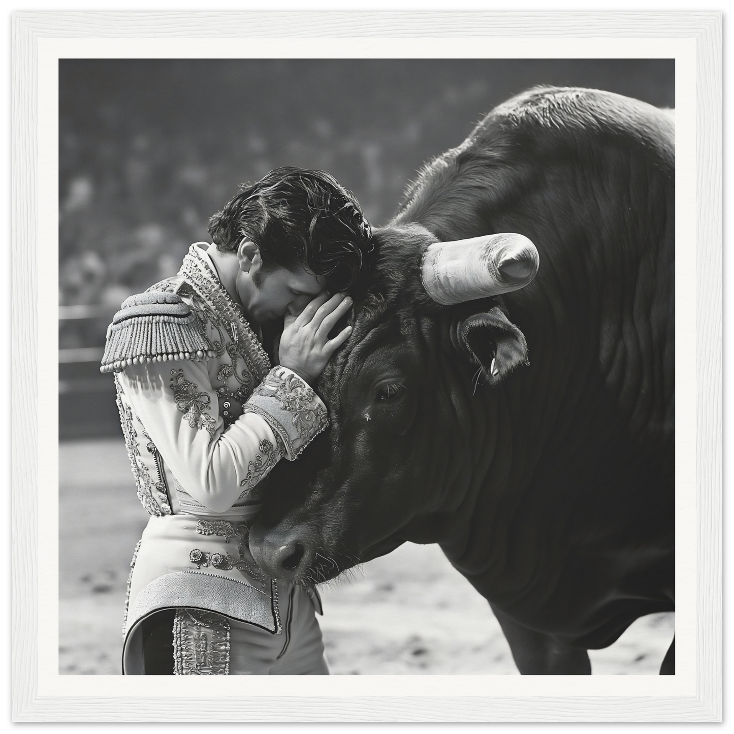 Matador in ornate uniform touching a bull, showcased in Whispers of Confrontation framed wall art