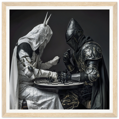 Two armored figures engaged in a chess match at a round table from Armored Minds Duel