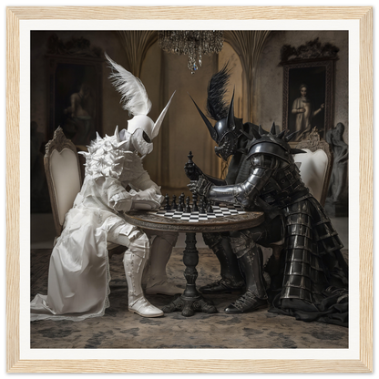 Two armored figures engaged in chess at a round table for Armor’s Silent Gambit art™