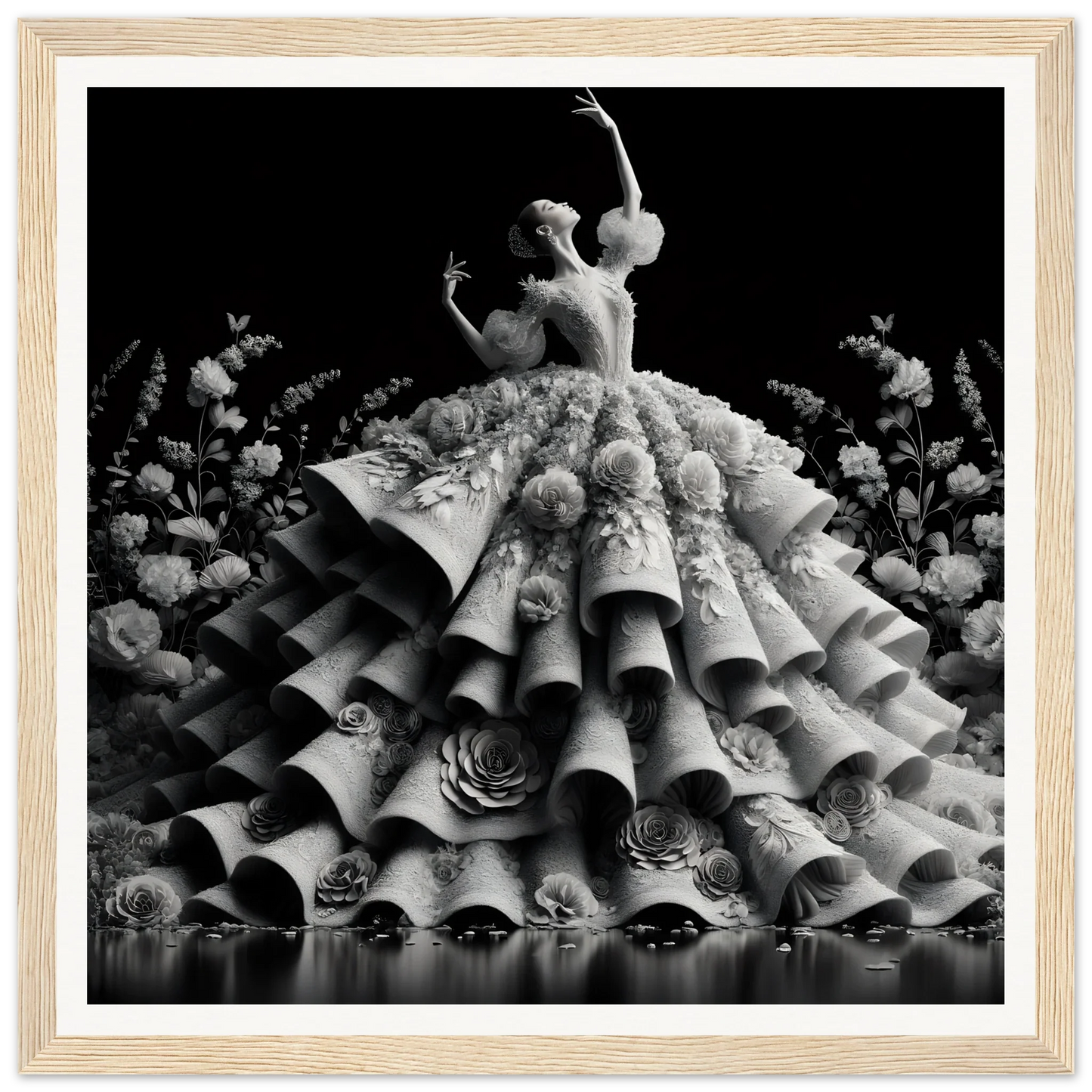 Dancer in ruffled floral gown posing for Baroque Blossom Ballet framed poster