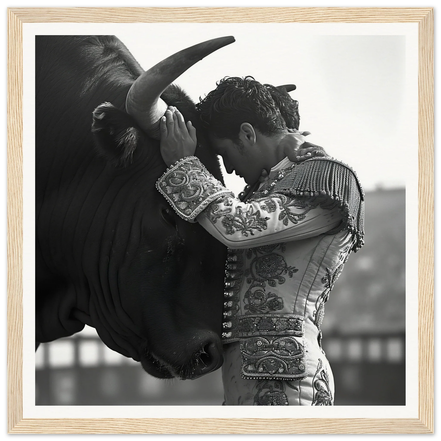 Matador in embroidered suit touches foreheads with bull for Bull’s Forehead Commune art