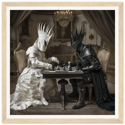 Two fantasy figures in costumes playing chess at a table in Celestial Chess Nexus art