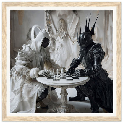 Two figures in black and white armor playing chess in Chess Duality Dance art