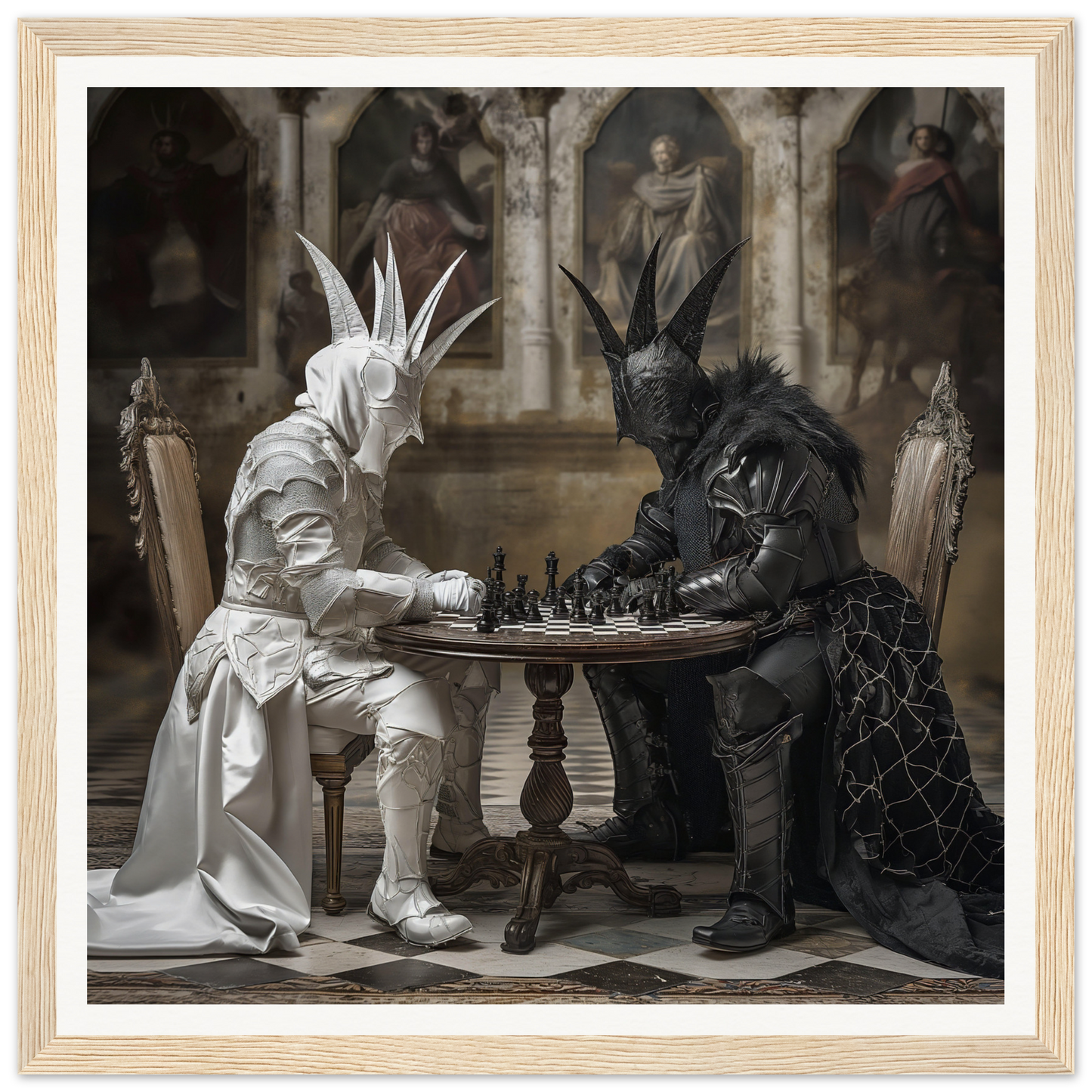 Two ornately costumed figures in black and white playing chess on a Chessboard Waltz