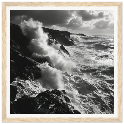 Powerful ocean waves crashing on rocky cliffs in Craggy Surf Duel special edition art™