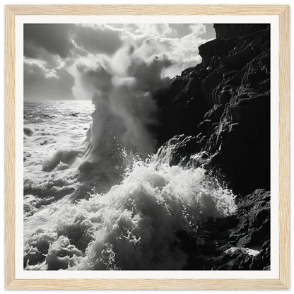 A powerful ocean wave crashes on rocky cliffs in Dance Infernal Embrace art