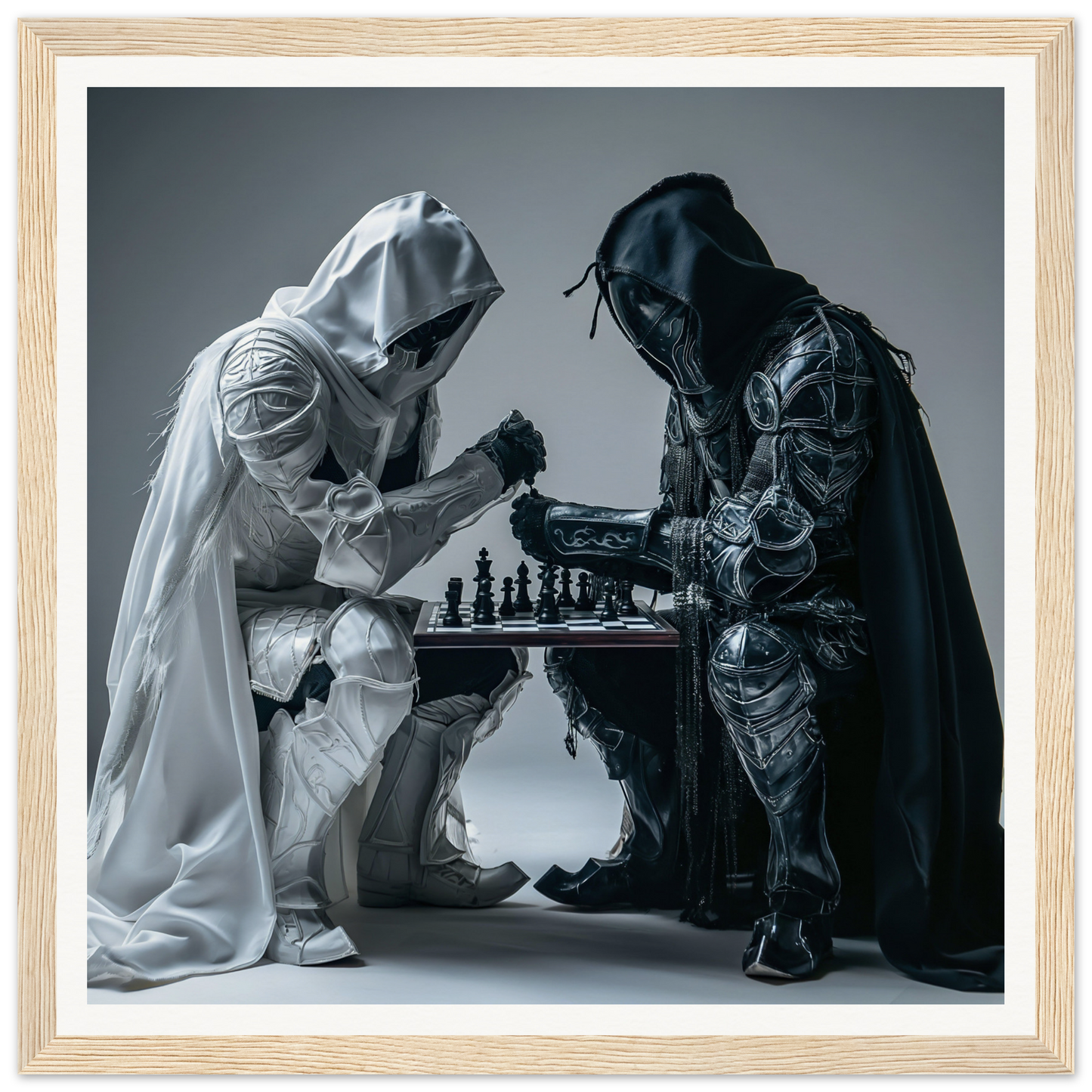 Two hooded figures in white and black robes playing chess in Duality Chess Dreamscape