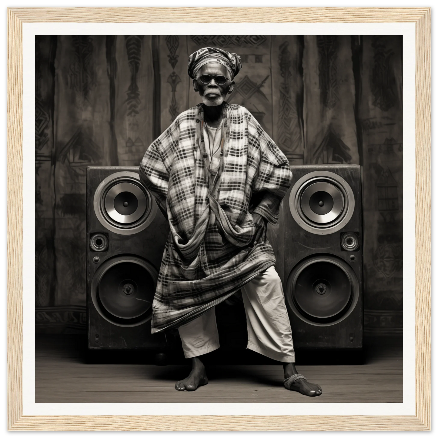 Person in traditional African attire with Echos of Mysticism speakers, museum-quality framed black