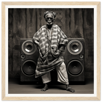 Person in traditional African attire with Echos of Mysticism speakers, museum-quality framed black