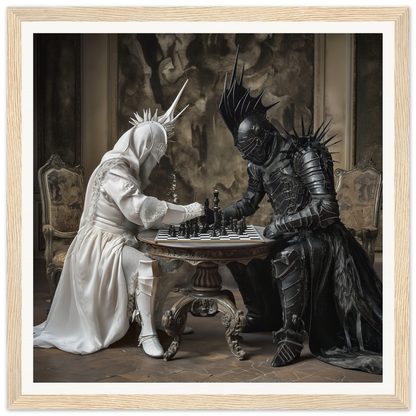 Two armored figures in white and black engaged in an Elegant Chess Duel at a fancy table