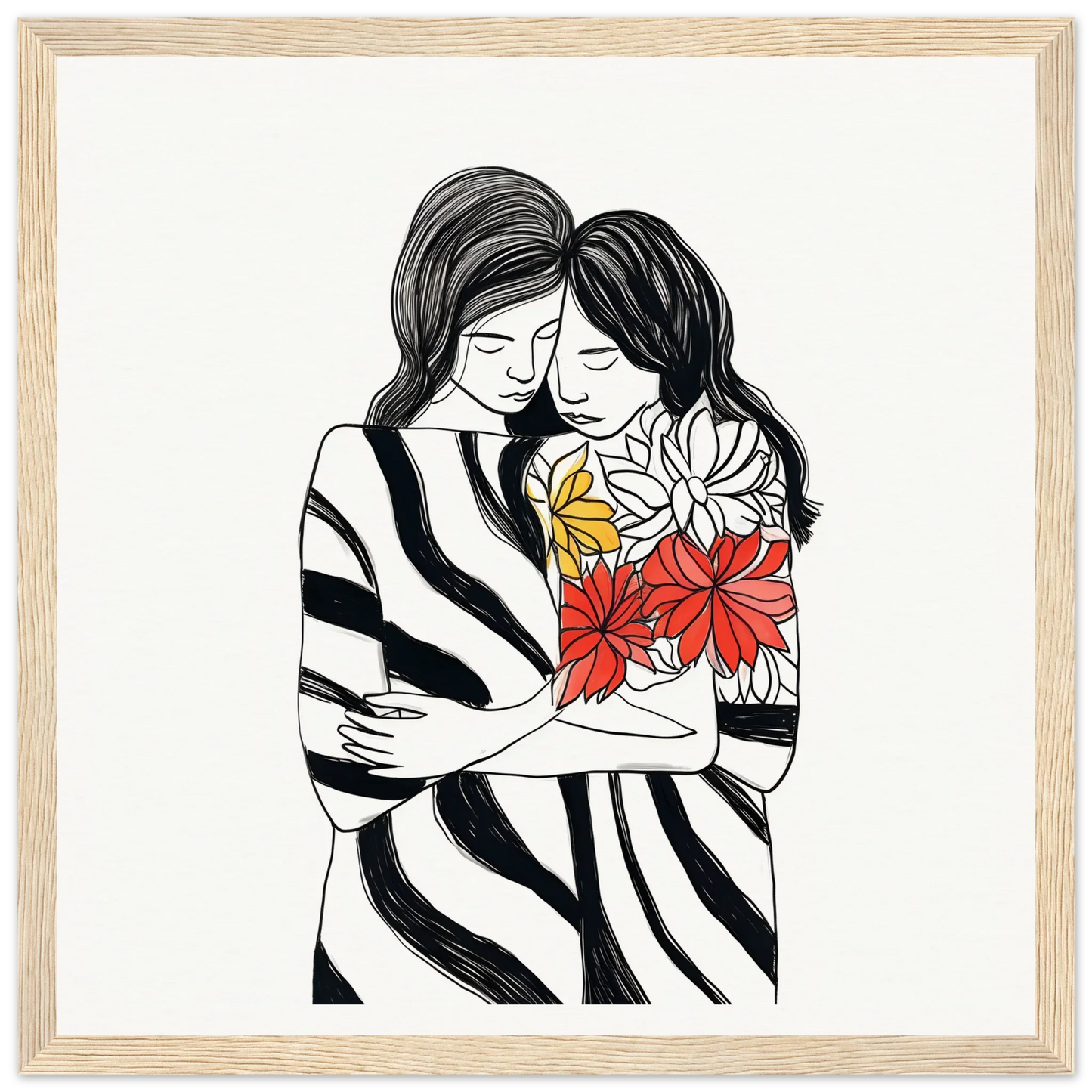 Line drawing of two figures embracing with flowers in Embrace Florid Flicker art