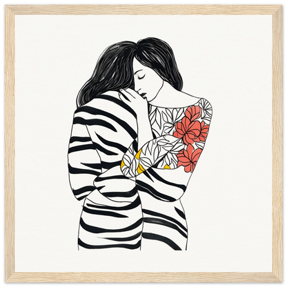 Line drawing of two figures in striped clothes with tattoos, showcasing Etched Embrace Harmony