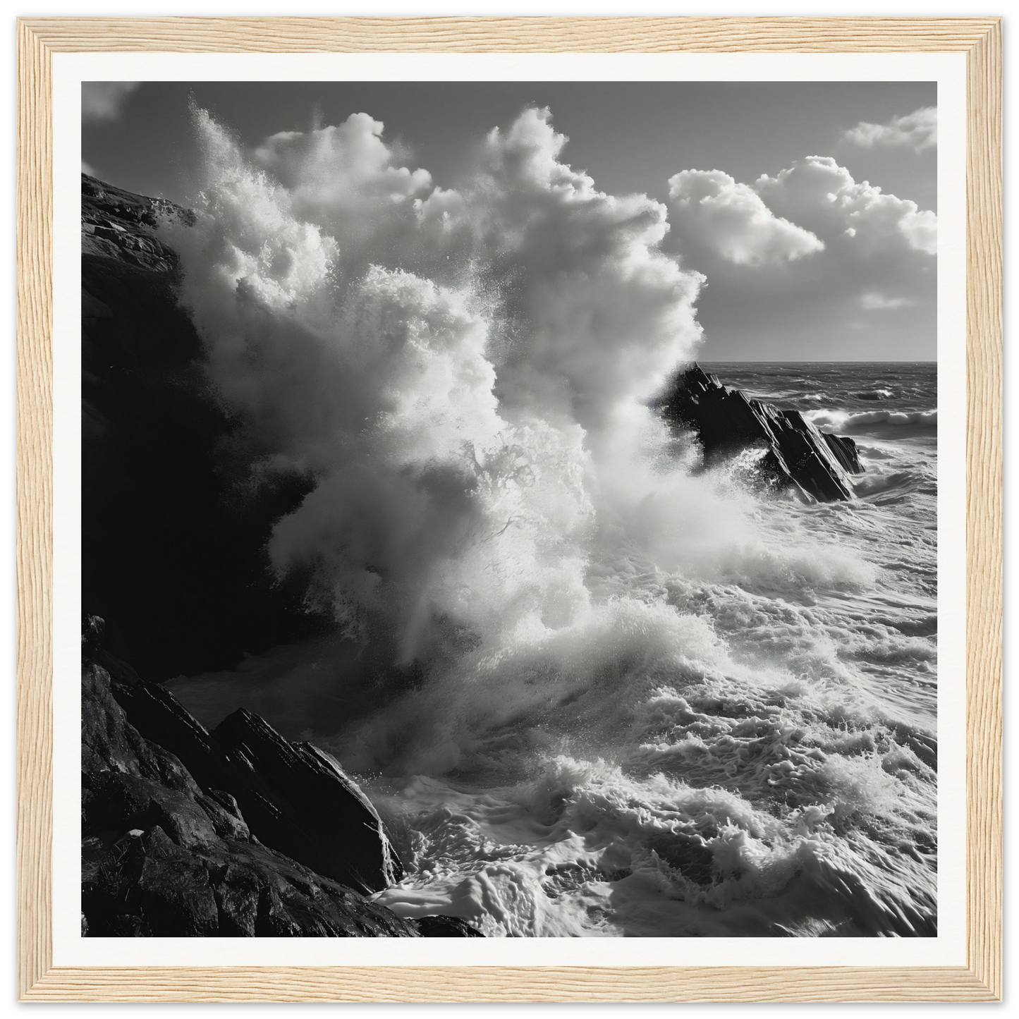 Powerful ocean waves crashing on rocky cliffs in Eternal Splash Ecstasy framed art