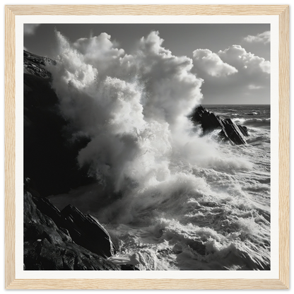 Powerful ocean waves crashing on rocky cliffs in Eternal Splash Ecstasy framed art